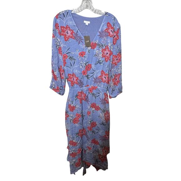 J.Jill Floral Tropical Dress Women’s L Blue V-Neck Long Sleeve Tie Waist Casual